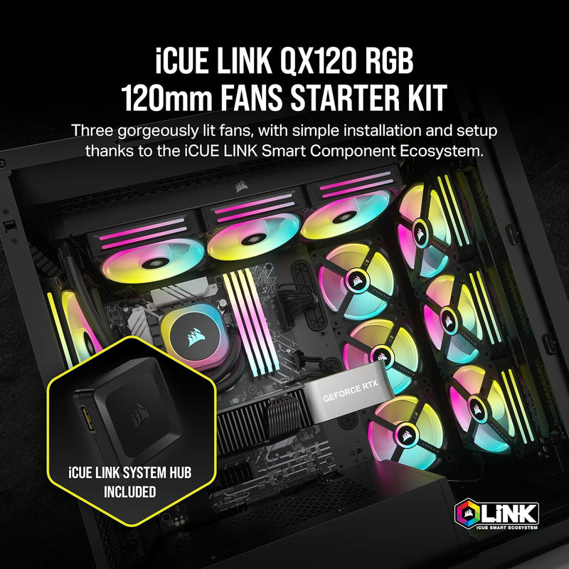 Corsair iCUE LINK QX120 RGB Black 120mm PWM PC Case Fan Starter Kit with iCUE LINK System Hub (3-pack) CO-9051002-WW 