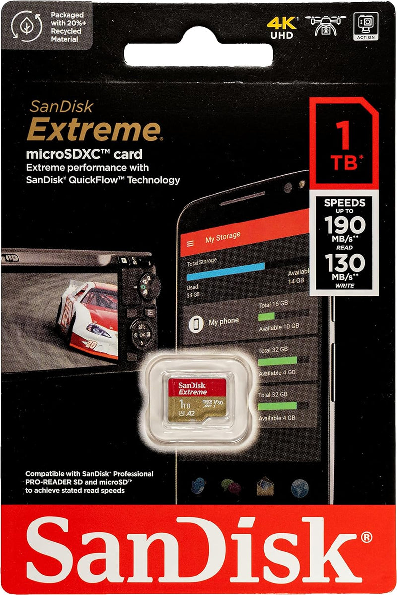 SanDisk 1TB Extreme microSDXC (A2, V30, UHS-I/U3, 190R/130W MB/s) SDSQXAV-1T00-GN6MN 772-4526