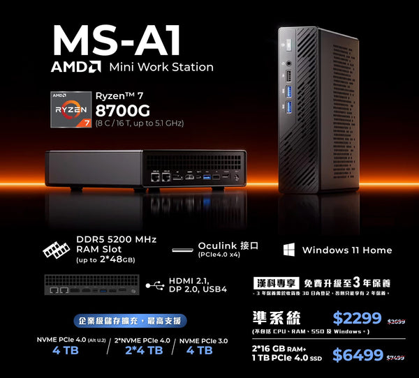 Minisforum BS-MFMSA1 MS-A1 Mini Workstation Barebone (AMD Ryzen™ 7 8700G / 2xDDR5 SODIMM / M.2 SSD) 