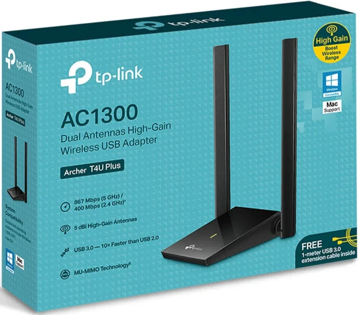 TP-Link Archer T4U Plus AC1300 High Gain Dual Band Wi-Fi USB Adapter, Extension Cable 