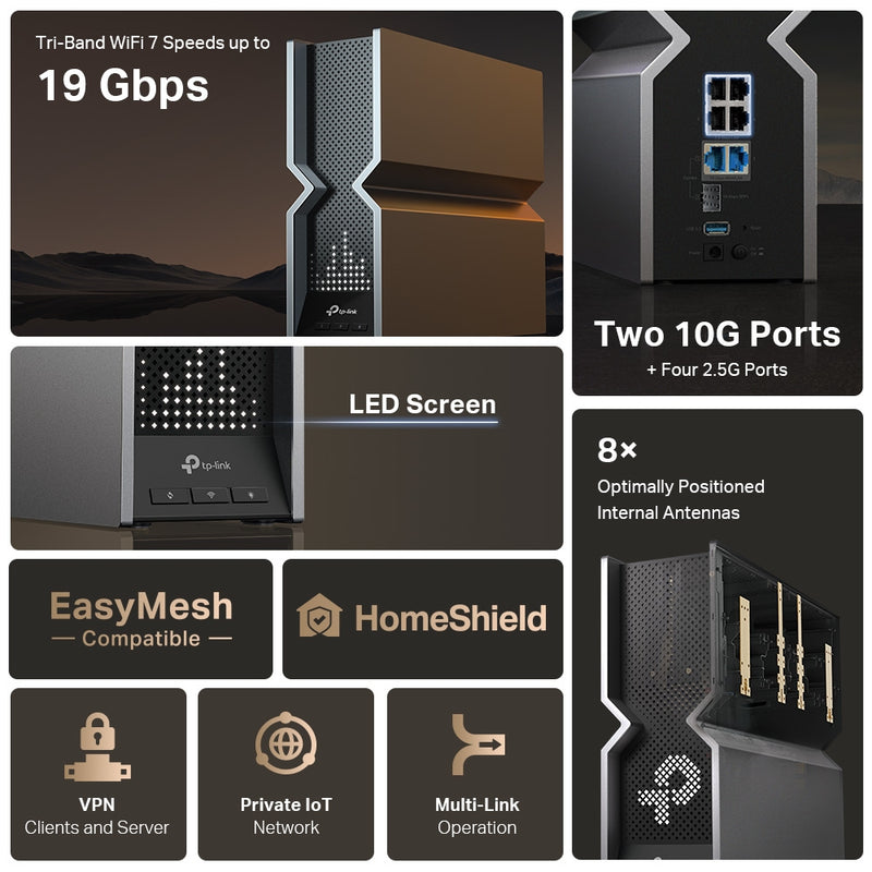 TP-Link Archer BE800 BE19000 Tri-Band WiFi 7 Router with Multi-Link Operation and Maximized Coverage