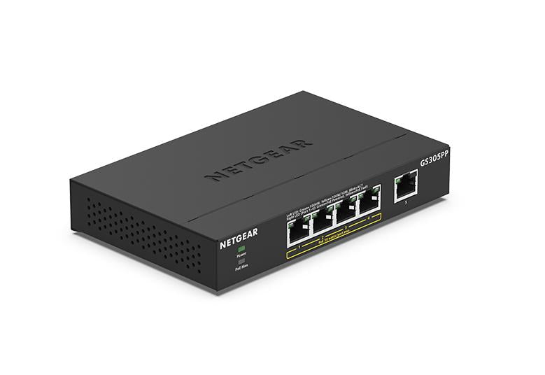 NETGEAR GS305PP 5 port Gigabit Unmanaged Switch w/ 4 PoE+ (83W), Metal, Fanless, compact size