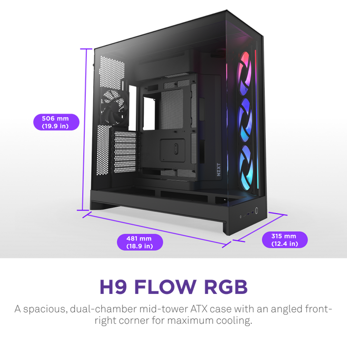 NZXT H9 Flow RGB V2 Edition (2025) Black 黑色 RGB Tempered Glass ATX Case CM-H92FB-R1