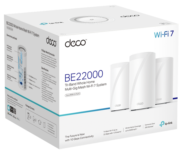 TP-Link Deco BE85 BE22000 Tri Band Whole Home Mesh WiFi 7 System (3-pack)
