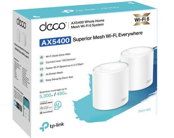 TP-Link Deco X60 V3.20 AX5400 Dual Band WiFi 6 Whole Home Wireless AX Mesh WiFi Router System (2-pack)