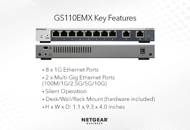NETGEAR GS110EMX 8-port Gigabit Plus managed switch w/ 10G/Multi-Gigabit Uplink (2 x 10Gig/Multi-Gig)