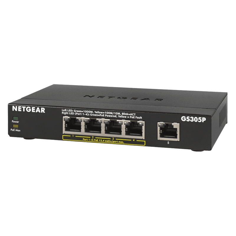 NETGEAR GS305P 5 port Gigabit Unmanaged Switch w/ 4 PoE (63W), Metal, Fanless, PoE auto-balance (GS305P-300UKS)