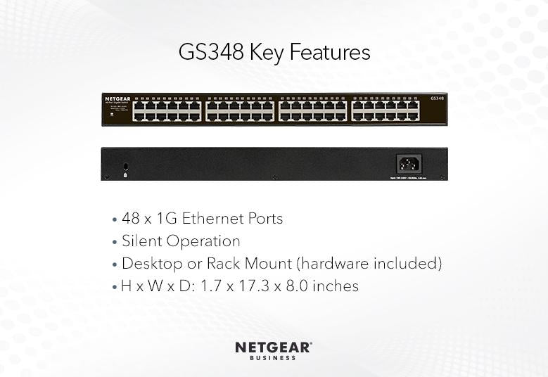 NETGEAR GS348 48 port Gigabit Unmanaged Switch, Fanless (with Rack mount kit)