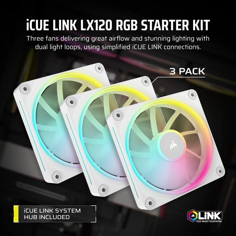 Corsair iCUE LINK LX120 RGB Starter Kit White 120mm PWM PC Case Triple Pack (3件裝) (CO-9051030-WW)