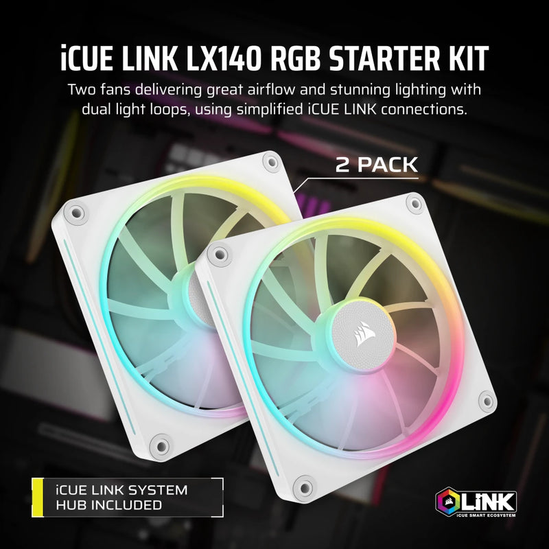 Corsair iCUE LINK LX140 RGB Starter Kit White 140mm PWM PC Case Fan Dual Pack (2件裝) (CO-9051032-WW)