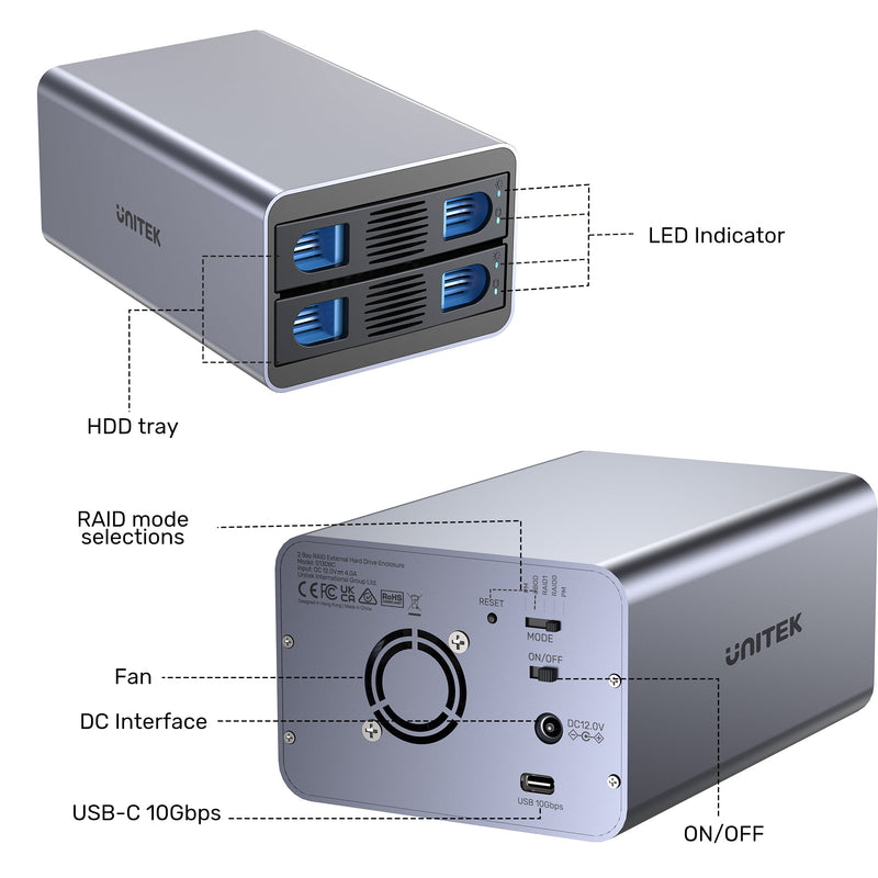Unitek S1308C 2-Bay External SATA Hard Drive Enclosure (10Gbps,RAID) 