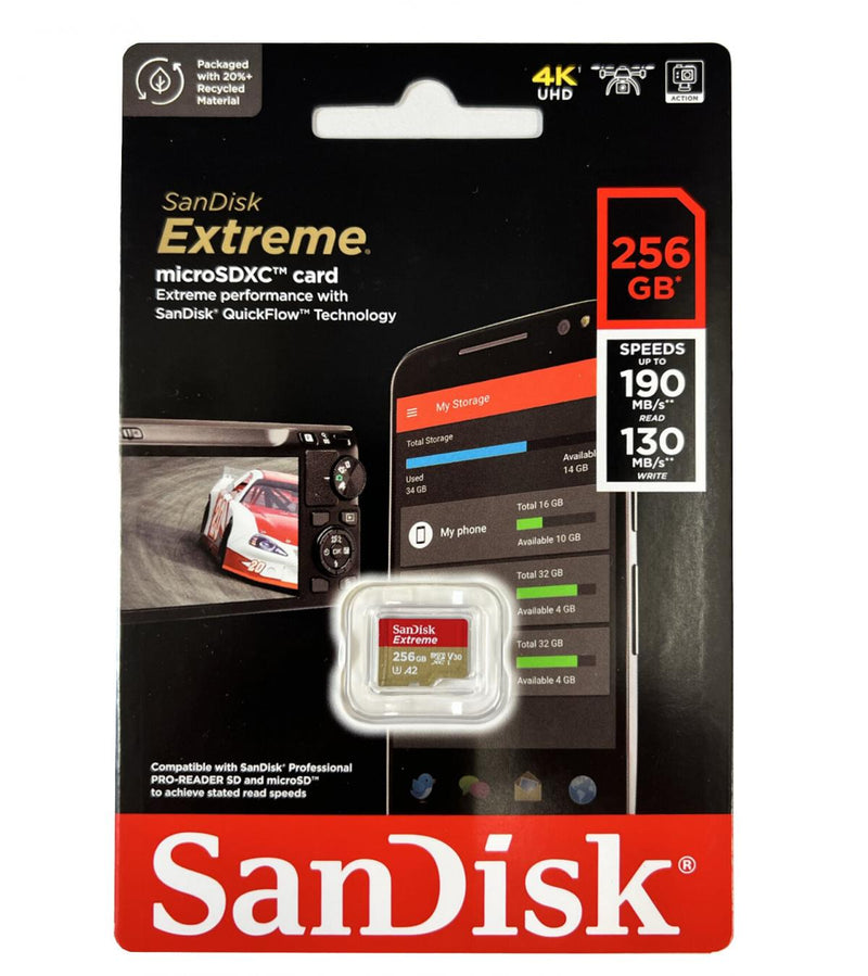 SanDisk 256GB Extreme microSDXC (A2, V30, UHS-I/U3, 190R/130W MB/s) SDSQXAV-256G-GN6MN 772-4524