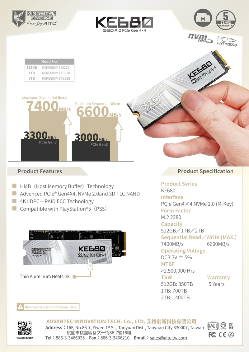 AITC 1TB Kingsman Gaming KE680 AIKE680M1TB228 M.2 2280 PCIe Gen4 x4 SSD