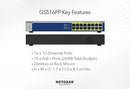 NETGEAR GS516PP 16 port Gigabit Unmanaged Switch w/ 16 PoE+ (260W), Metal
