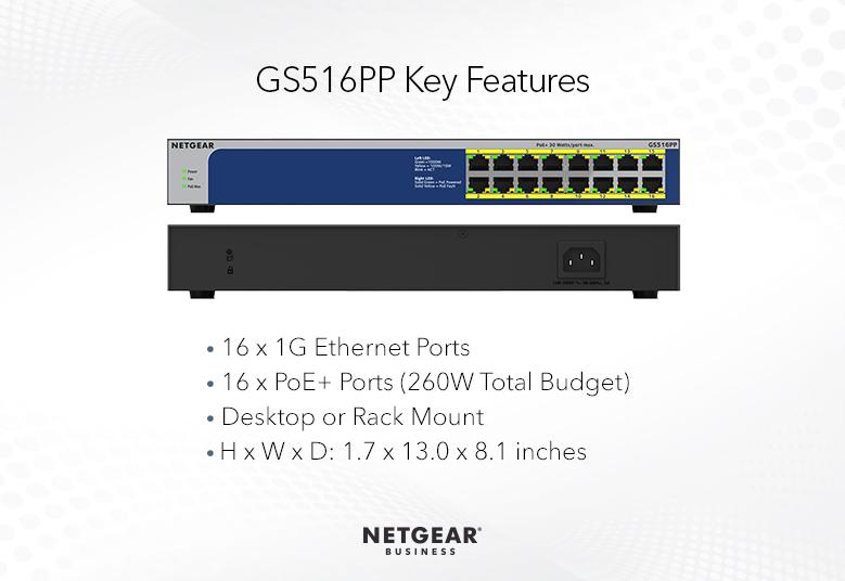 NETGEAR GS516PP 16 port Gigabit Unmanaged Switch w/ 16 PoE+ (260W), Metal