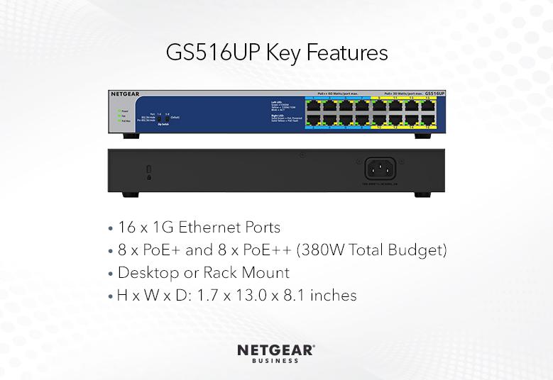 NETGEAR GS516UP 16 port Gigabit Unmanaged Switch w/ 8 PoE+ and 8 PoE++ (380W), Metal