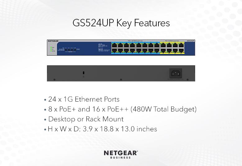 NETGEAR GS524UP 24 port Gigabit Unmanaged Switch w/ 16 PoE+ and 16 PoE++ (480W), Metal
