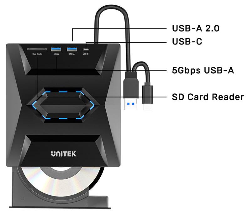 Unitek 5-in-1 External Optical Drive 24x/8x with Hub Function (T1037A)