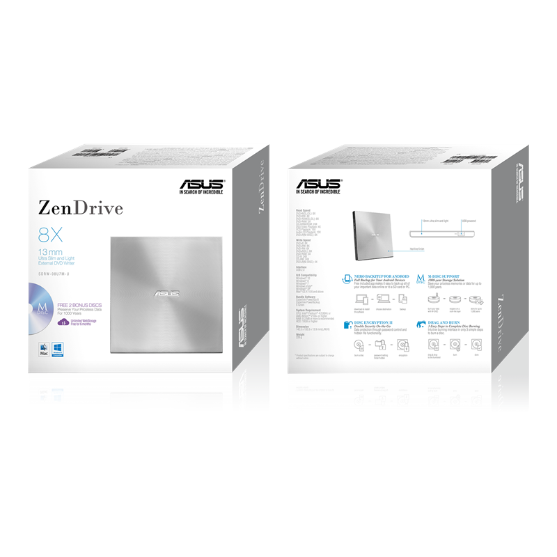 ASUS ZenDrive SDRW-08U7M-U/Silver Silver Super Slim Portable DVD Writer 
