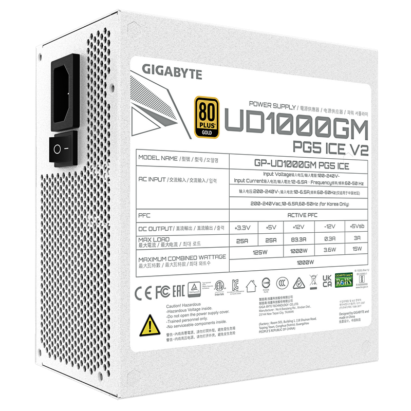 GIGABYTE 1000W ULTRA DURABLE UD1000GM PG5 V2 ICE ATX3.1 PCIE 5.1 80Plus Gold Full Modular Power Supply (GP-UD1000GM PG5 V2 ICE)