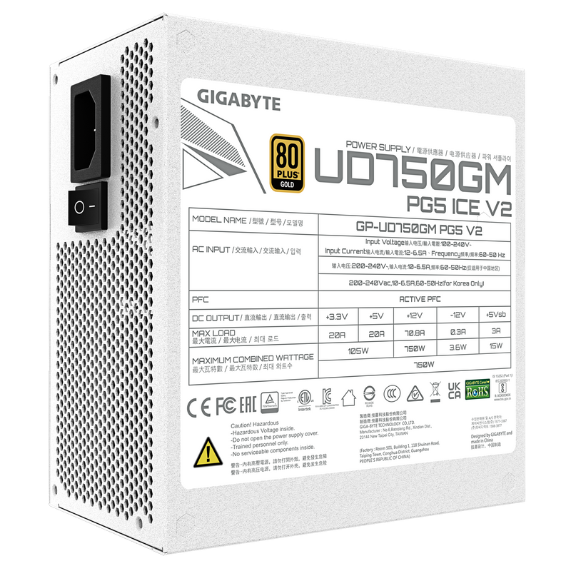 GIGABYTE 750W ULTRA DURABLE UD750GM PG5 V2 ICE ATX3.1 PCIE 5.1 80Plus Gold Full Modular Power Supply (GP-UD750GM PG5 V2 ICE)