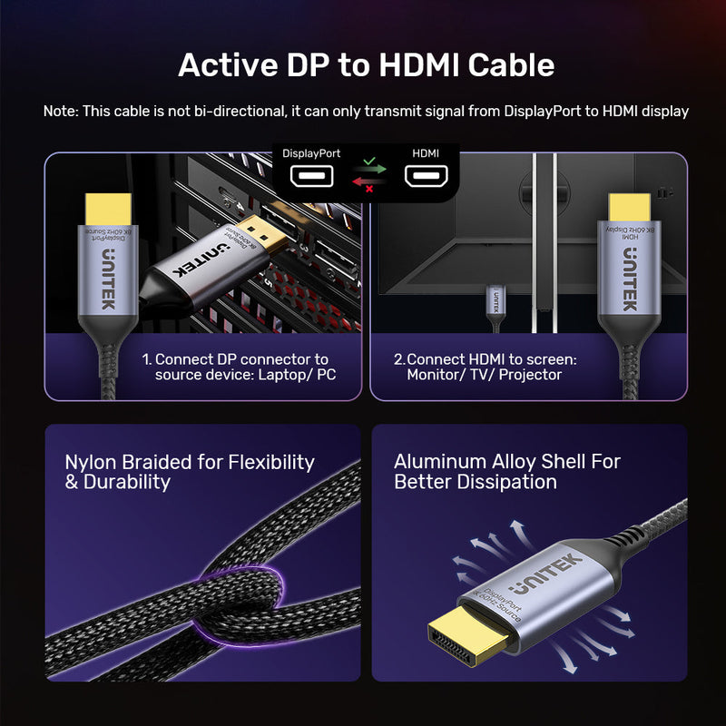 Unitek V1610A DisplayPort 1.4 to HDMI 8K audio-visual cable (785-3049) 