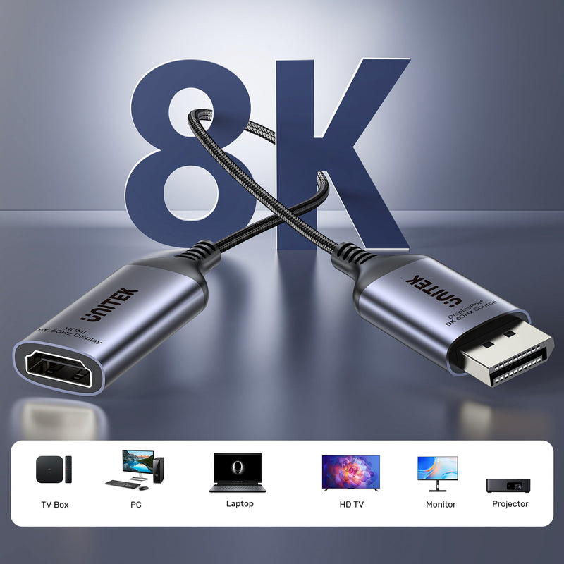 UNITEK V1611A 20cm 8K 60Hz DisplayPort 1.4 To HDMI 2.1 Adpater Cable (785-3084)
