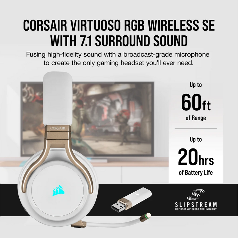 【至抵優惠】Corsair VIRTUOSO RGB Wireless High-Fidelity Gaming Headset - Pearl CA-9011224-AP
