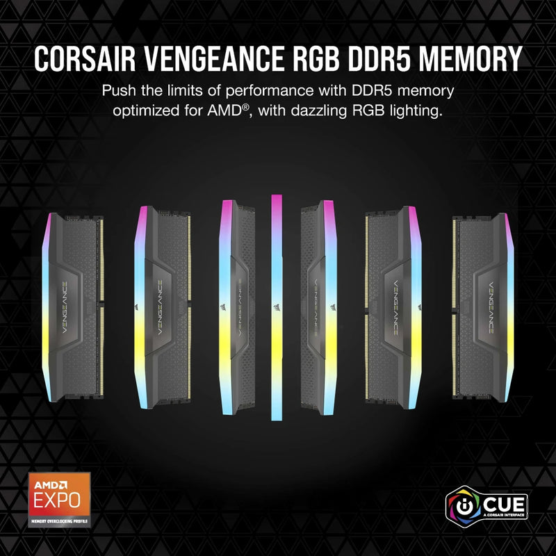 【精選優惠】CORSAIR 32GB Kit (2x16GB) VENGEANCE RGB Black CMH32GX5M2E6000Z36 DDR5 6000MHz Memory (AMD EXPO & Intel XMP 3.0)