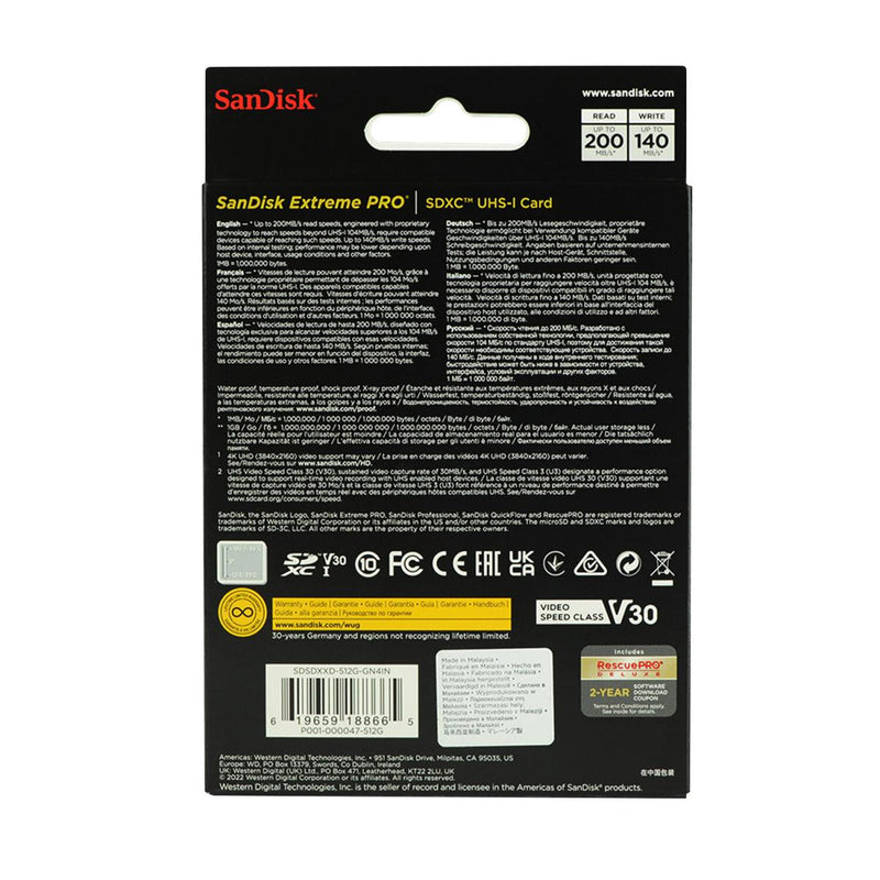 SanDisk 512GB Extreme Pro SDXC (V30, 4K/UHD, UHS-I/U3, 200R/140W MB/s) SDSDXXD-512G-GN4IN 772-4540