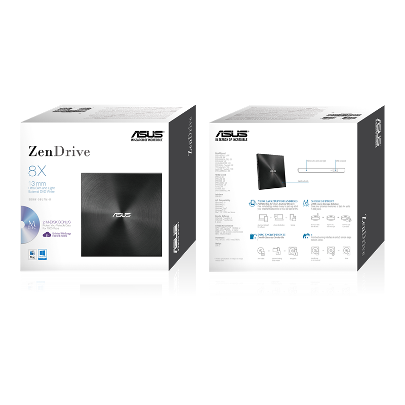 ASUS ZenDrive SDRW-08U7M-U/Black Black Super Slim Portable DVD Writer (DR-S08U7MK) 