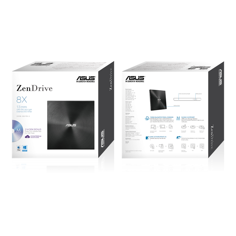 ASUS ZenDrive U7M (SDRW-08U7M-U)/BLACK Super Slim Portable DVD Writer (DR-S08U7MK)