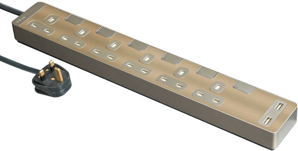 Schneider Electric 13A six-position independent switch safety socket with two-position USB charging socket (with 3-meter cable), bronze gold TSH36U_3_GH_C5
