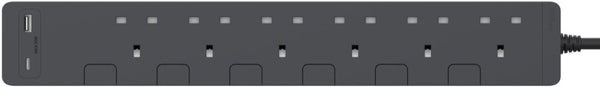 Schneider Electric 13A six-position independent switch safety socket with two USB charging sockets 30W PD3.0 Type A+C (with 3-meter cable), graphite gray TSH36ACUSB_3_DG