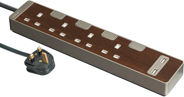 Schneider Electric 13A four-position independent switch safety socket with two-position USB charging socket (with 3-meter cable), walnut TSH34U_3_WD_C5