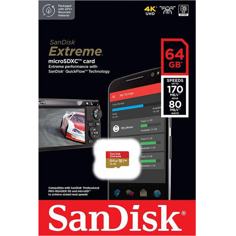 SanDisk 64GB Extreme microSDXC (A2, V30, UHS-I/U3, 170R/80W MB/s) SDSQXAH-064G-GN6MN 772-4522