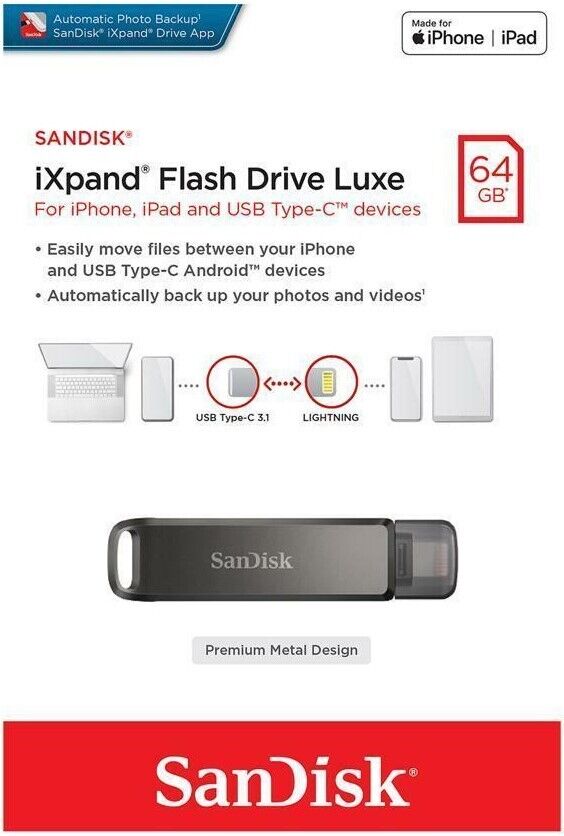 SanDisk 64GB iXpand Flash Drive Luxe for iPhone and USB Type-C (USB-C and Lightning) Dual Flash Drive SDIX70N-064G-AN6NN 772-4440