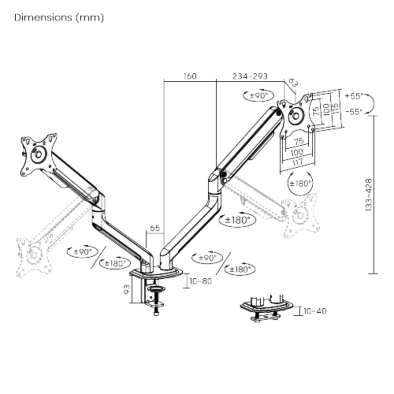 Brateck LDT63-C024GL (17"-32") 2-9kg VESA 75/100 雙顯示器機械彈簧式電競顯示器支架