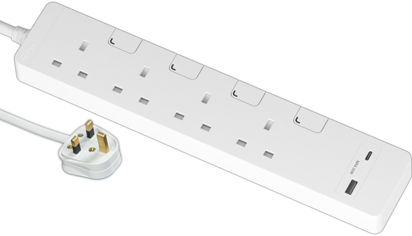 Schneider Electric 13A four-position independent switch safety socket with two-position USB charging socket 30W PD3.0 Type A+C (with 3-meter cable), white TSH34ACUSB_3_WE