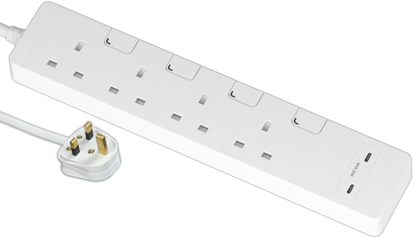 Schneider Electric 13A four-position independent switch safety socket with two-position USB charging socket 30W PD3.0 Type C+C (with 3-meter cable), white TSH34QCUSB_3_WE
